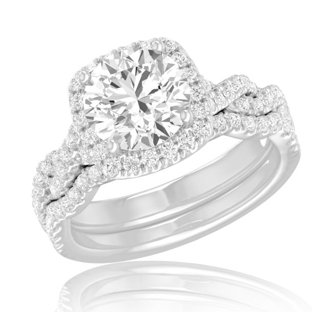 1 1 2ctw Round Lab Grown Diamond Halo Twist Band White Gold Engagement and Wedding Ring Bridal Set