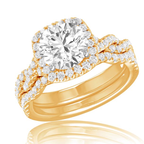 1 1 2ctw Round Lab Grown Diamond Halo Twist Band Yellow Gold Engagement and Wedding Ring Bridal Set