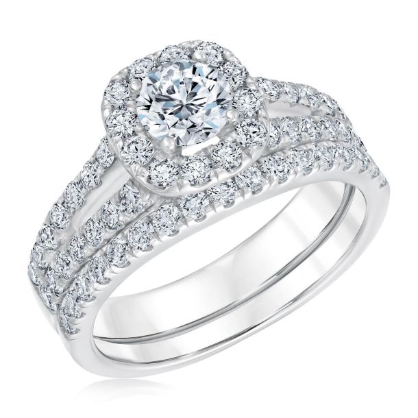 1 3/4ctw Lab Grown Diamond Halo Engagement and Wedding Ring Bridal Set ...