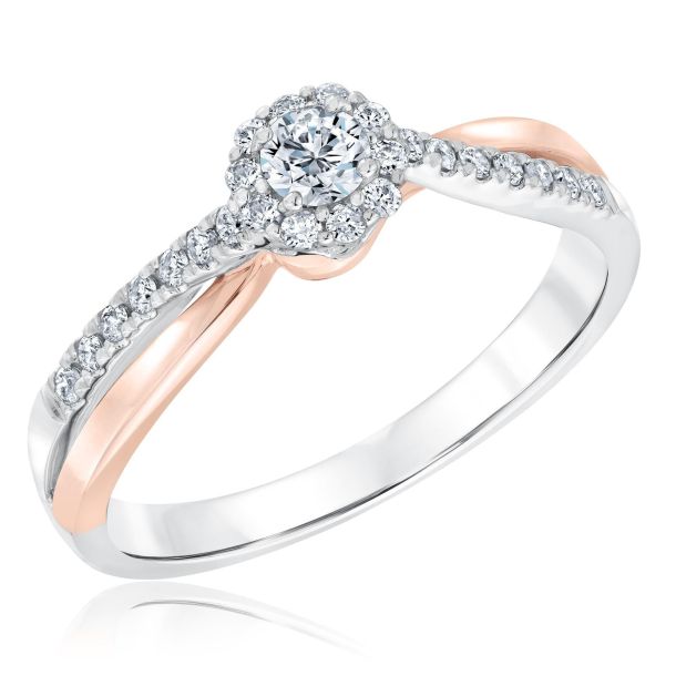 Two-Tone White and Rose Gold Diamond Halo Engagement Ring