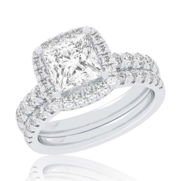 1 5 8ctw Princess Lab Grown Diamond Halo White Gold Engagement and Wedding Ring Bridal Set REEDS Jewelers