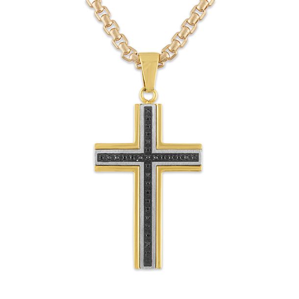 1 7ctw Treated Black Diamond Gold Ion Plated Stainless Steel Cross Pendant Necklace Men s REEDS Jewelers