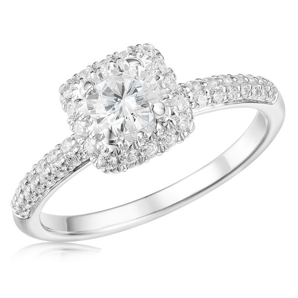 1ctw Round Diamond Cushion Halo White Gold Engagement Ring | REEDS Jewelers