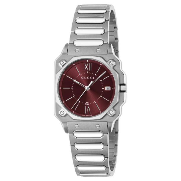 Gucci G-Flat Burgundy Galvanized Dial Stainless Steel Watch 30mm