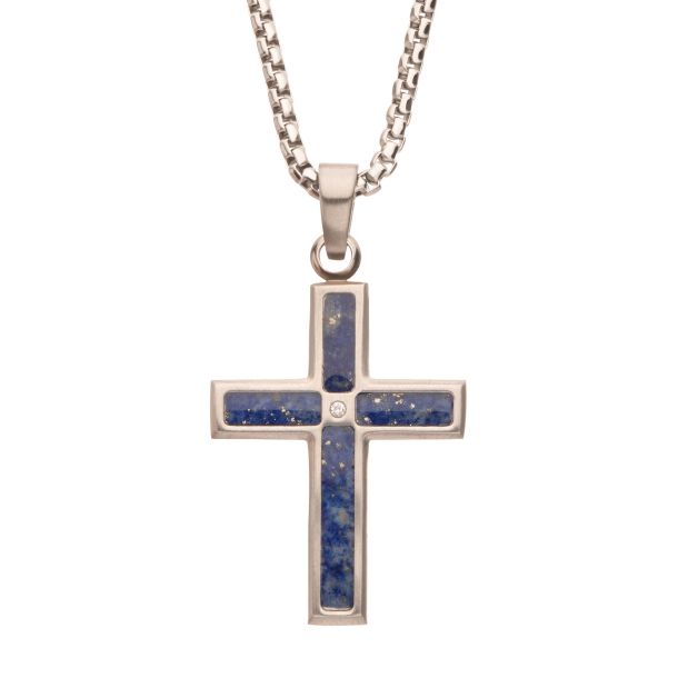 INOX Lapis Lazuli Inlay and Created White Sapphire Stainless Steel