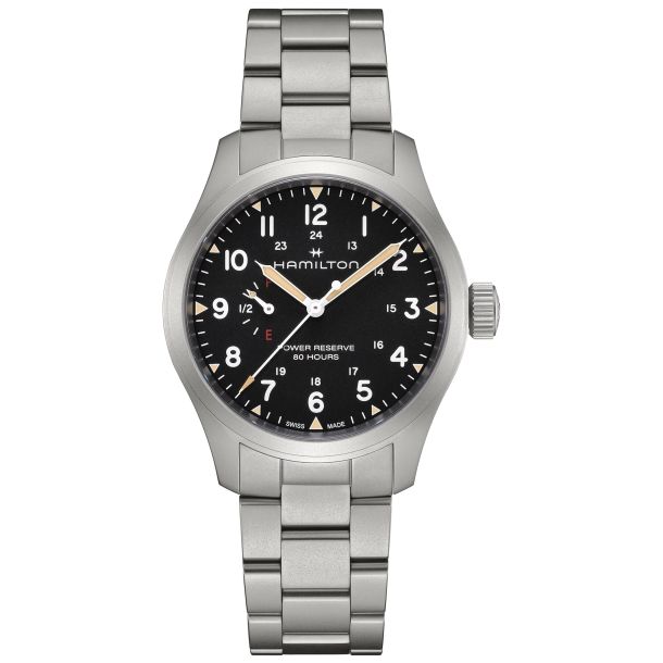 Hamilton Khaki 時計 中型 ブラック/シルバー Hamilton Khaki Field Mechanical Power Reserve Black Dial Stainless