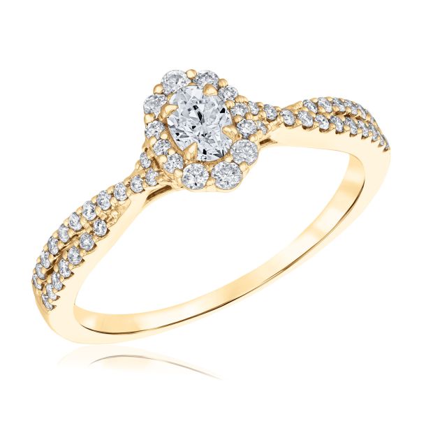 1/2ctw Oval Diamond Halo 14k Yellow Gold Twist Engagement Ring