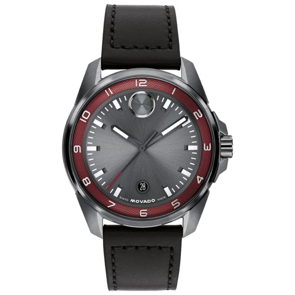 Movado BOLD Verso S Gunmetal Dial Black Leather Strap Watch 42mm