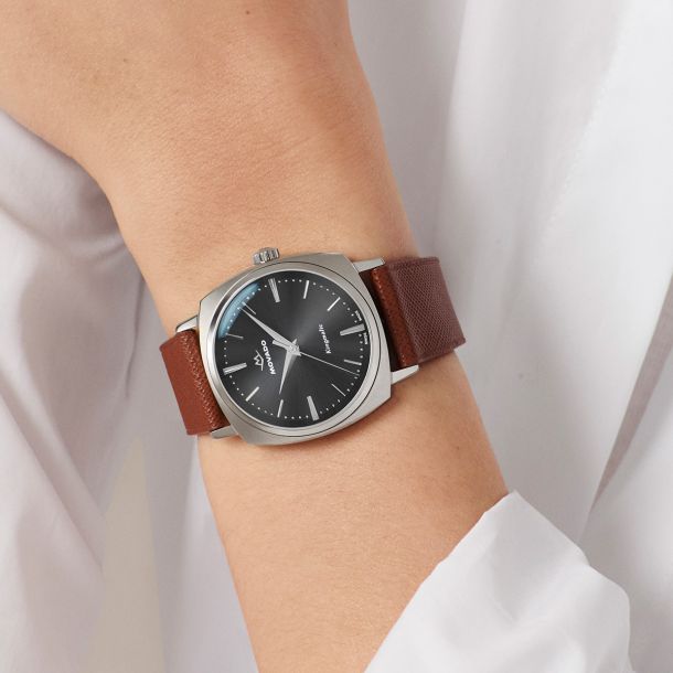 Movado Kingmatic Automatic Black Dial Brown Leather Strap Watch