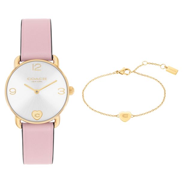 COACH Elliot Blush Pink Leather Strap Watch and Heart Bracelet