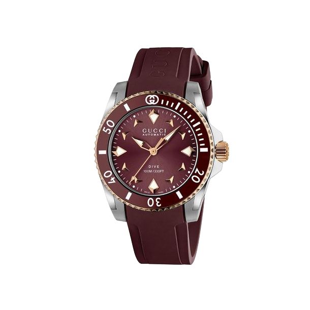 Gucci Dive Burgundy Dial Burgundy Rubber Strap Watch 36mm