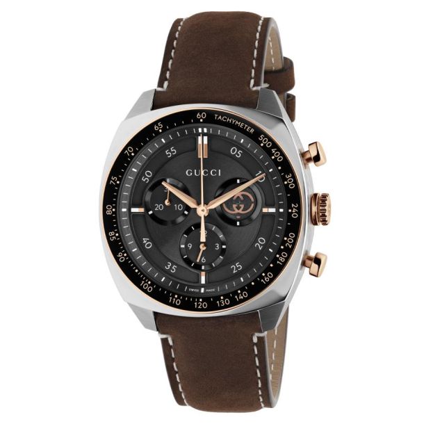GUCCI クロノグラフ ブラック ステンレス Gucci Interlocking G Chronograph Black Dial Brown Leather Strap