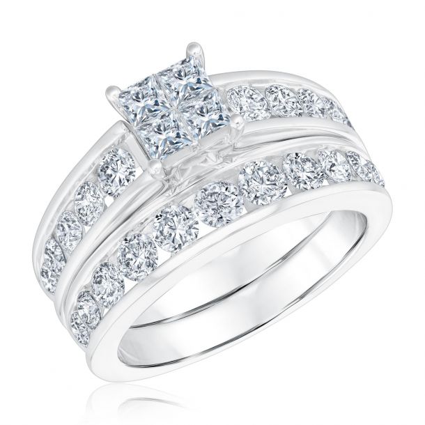 2ctw Diamond Princess Quad White Gold Engagement and Wedding Ring Bridal Set Harmony