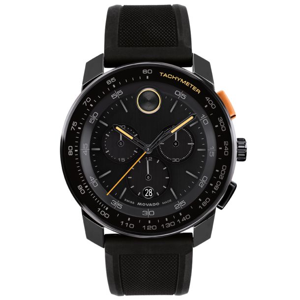 Movado BOLD TR90 Chronograph Black Dial Silicone Strap Watch 44mm