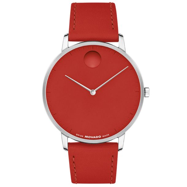 Movado Face Red Dial Red Leather Strap Watch 41mm - 3640183