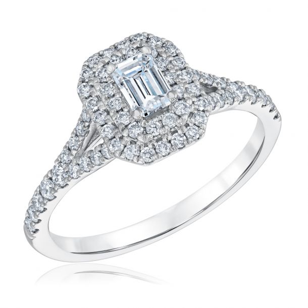 Double halo emerald engagement ring shop