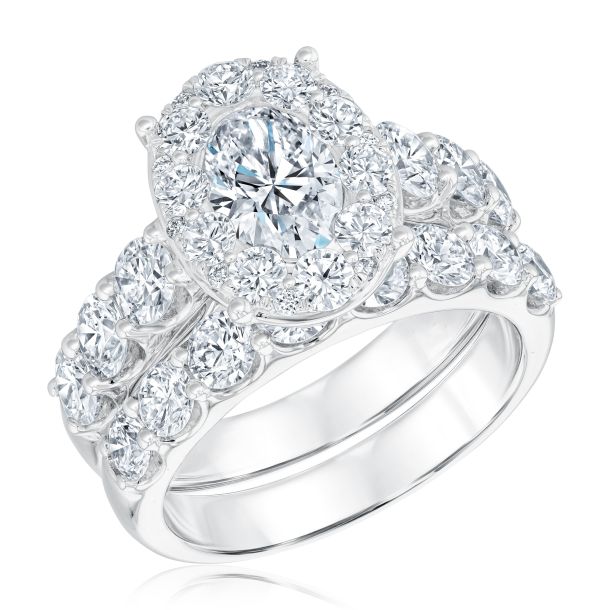 4ctw Oval Lab Grown Diamond Halo Engagement and Wedding Ring Bridal Set ...