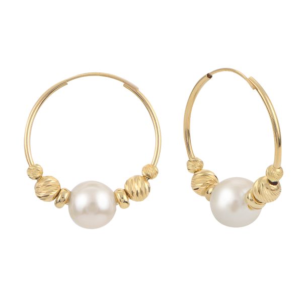 7.5 8mm Fresh Water Cultured Pearl Bead Yellow Gold Hoop Earrings