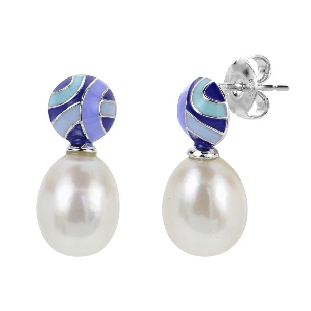 8-9mm Fresh Water Cultured Pearl and Multi Blue Enamel Sterling