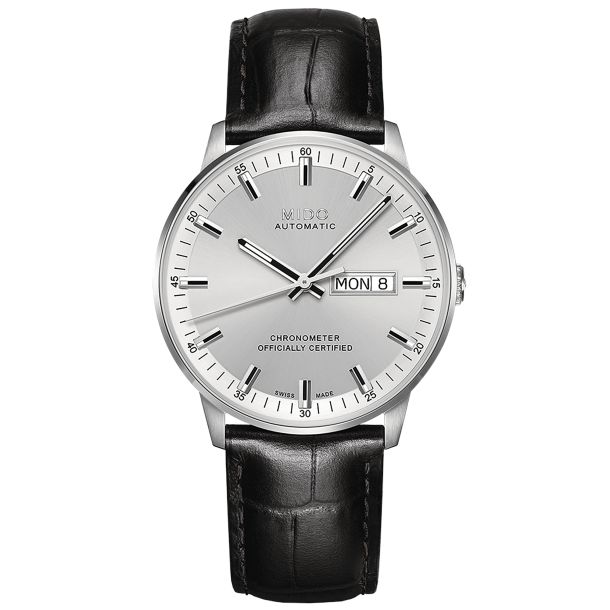 MIDO Commander Chronometer Silver Dial Black Leather Strap 40mm