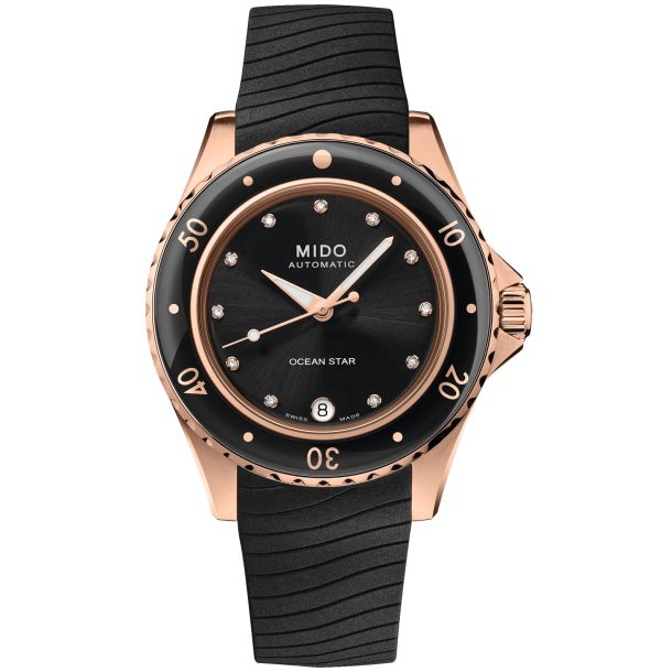 MIDO Ocean Star 36.5 Black Diamond Dial Black Rubber Strap Watch
