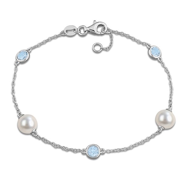 7-7.5mm White Freshwater Cultured Pearl and Sky Blue Topaz