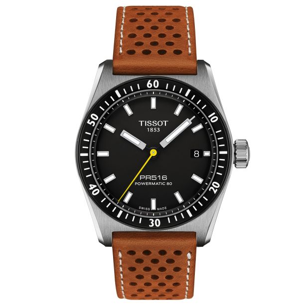 Tissot PR516 Powermatic 80 Black Dial Light Brown Leather Strap