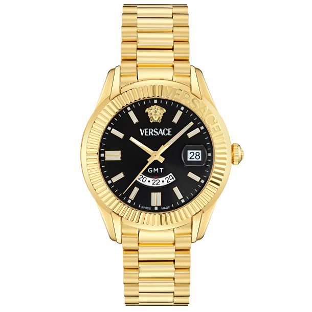 Versace Apodis GMT Black Sunray Dial IP Yellow Gold Bracelet Watch