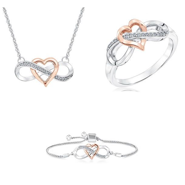 Always Close Always Loved Two Tone Infinity Necklace and Bracelet Heart Set