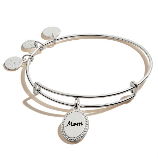Alex and Ani Because I Love You Mom Charm Bangle Bracelet Shiny Antique Silver Finish