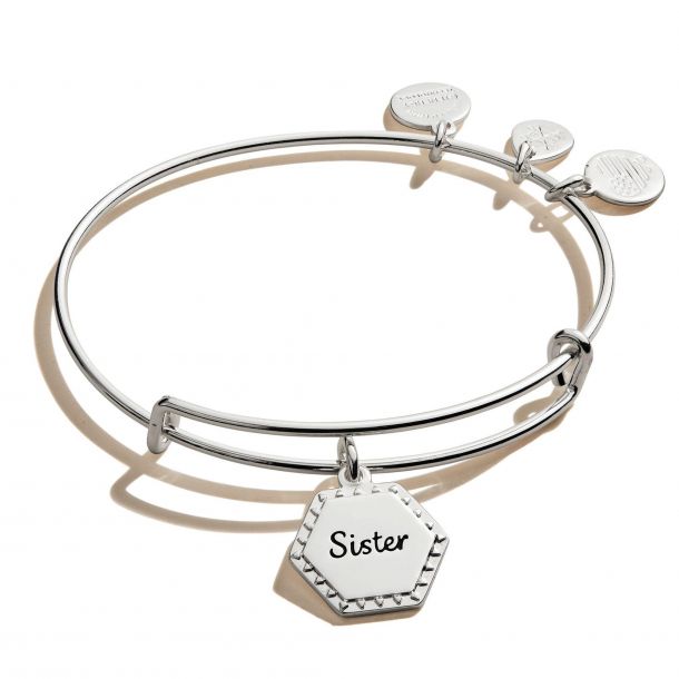 Alex and Ani Because I Love You Sister Charm Bangle Bracelet Shiny Antique Silver Finish REEDS Jewelers