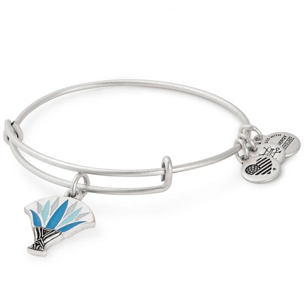 Alex and Ani Blue Lotus Flower Charm Bangle Bracelet Rafaelian Silver Finish