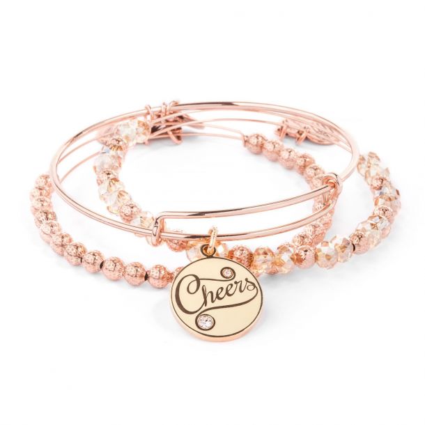 Alex and Ani Cheers 2016 Holiday Set of 3 Bangle Charm Bracelets Shiny Rose Gold Finish
