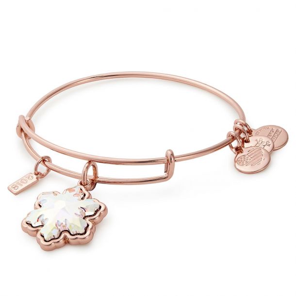 Alex and Ani Crystal Snowflake Charm Bangle Bracelet Shiny Rose Gold Finish