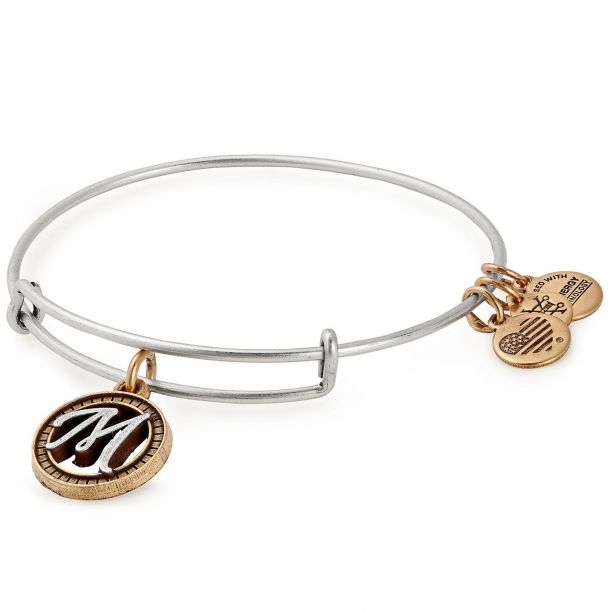 Alex and Ani Initial M Two Tone Charm Bangle Bracelet Rafaelian Gold and Silver Finish REEDS Jewelers
