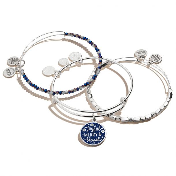 Alex and Ani Joyful Merry Blessed Set of 3 Charm Bangle Bracelets Shiny Silver Finish REEDS Jewelers