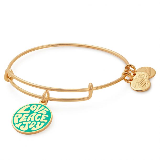 Alex and Ani Love Peace Joy Charm Bangle Shiny Gold Finish