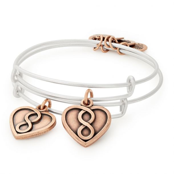 Alex and Ani Mother Daughter Infinity Heart Set of Two Bangle Bracelets Rafaelian Rose Gold and Silver Finish