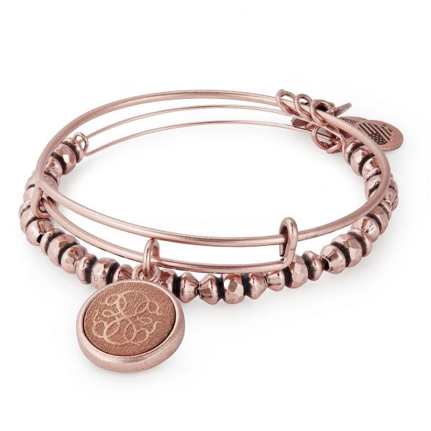 Alex and Ani Path of Life Wood Charm Bangle Bracelet Set Rafaelian Rose Gold Finish