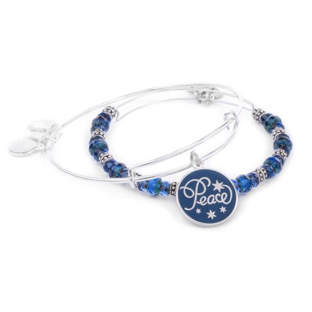 Alex and Ani Peace Holiday Set of 2 Bangle Charm Bracelets Shiny Silver Finish