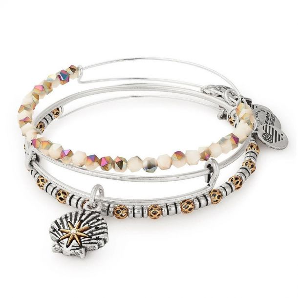 Alex and Ani Star of Venus Set of Three Charm Bangle Bracelets Rafaelian Silver Finish