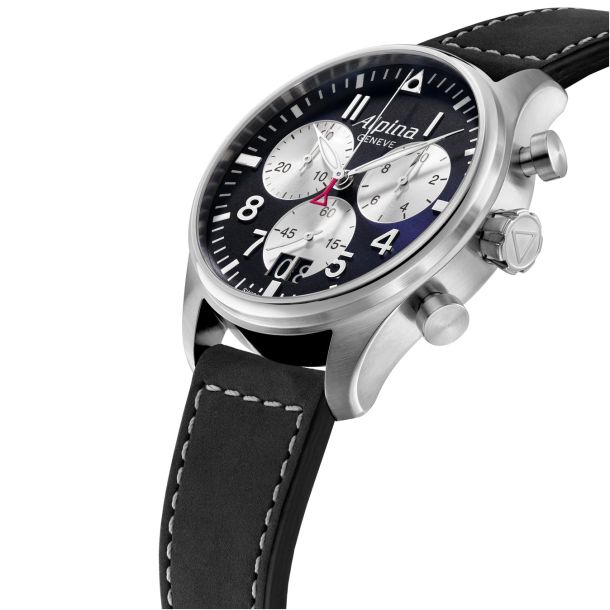 Alpina Startimer Pilot Quartz Chronograph Big Date Black Leather Strap Watch 44mm AL 372NS4S6 REEDS Jewelers