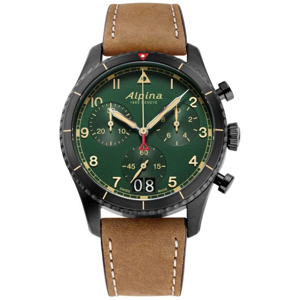 Alpina Startimer Pilot Quartz Chronograph Big Date Green Brown Leather Strap Watch 41mm AL 372GR4FBS26