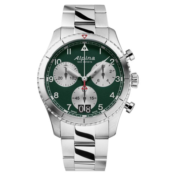 Alpina Pilot Quartz Chronograph Big Date Green Dial Stainless Steel Bracelet Watch | 41mm | AL-372GRS4S26B | REEDS Jewelers
