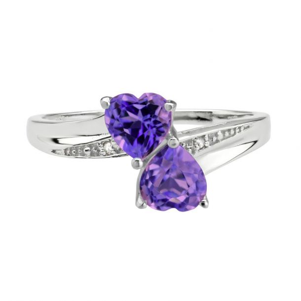 Amethyst Double Heart and Diamond Accent Sterling Silver Ring