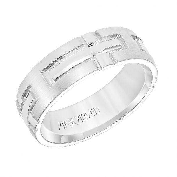 ArtCarved Cross Design White Gold Comfort Fit Wedding Band 7mm REEDS