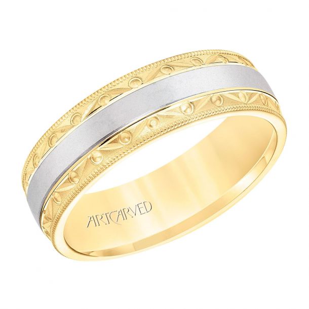 ArtCarved Vintage Textural Design Two Tone Yellow and White Gold Comfort Fit Wedding Band 6.5mm