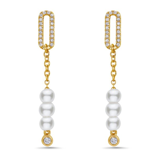 Bassali Freshwater Cultured Pearl and 1/8ctw Diamond Yellow Gold Drop  Earrings