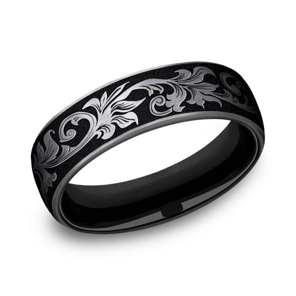 Black Titanium Scrollwork Design Comfort Fit Wedding Band 6.5mm