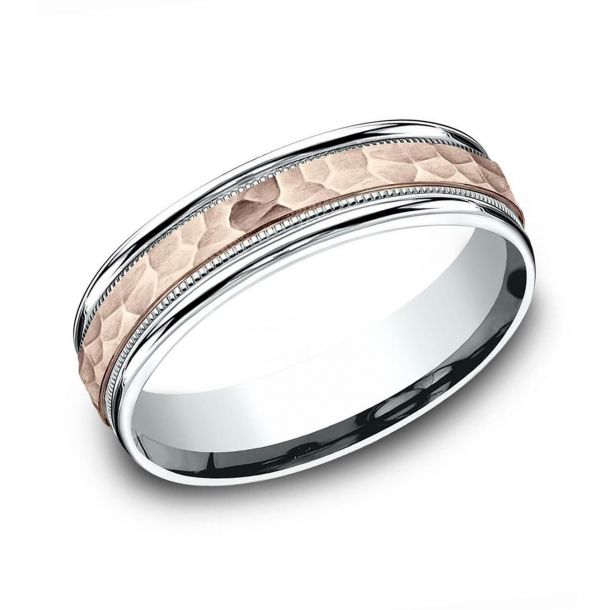 Benchmark Two-Tone Rose Gold Hammered Center Milgrain Comfort Fit Band ...